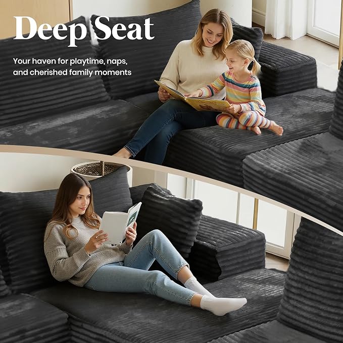 135'' Boneless Couches for Living Room Oversized V-Shaped 6-Seat Faux Fur Convertible Modular Sectional Cloud Sofa 4-in-1 Flexible Combination Deep Seat Corner Large Couch No Assembly Dark Grey