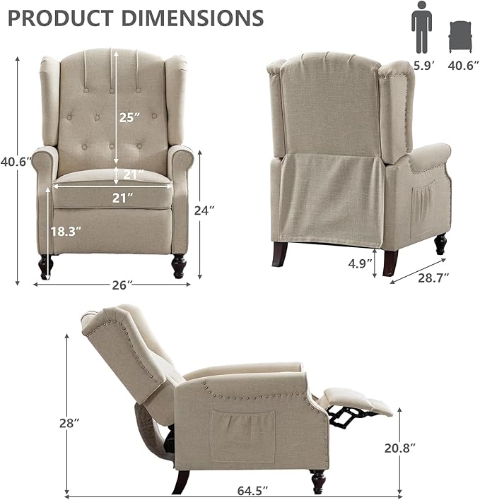 MANBUR Wingback Pushback Recliner Chair Upholstered Tufted Recliner with Massage and Heat Tufted Armchair Single Sofa Reclining Sofa for Living Room Bedroom or Club (Beige)