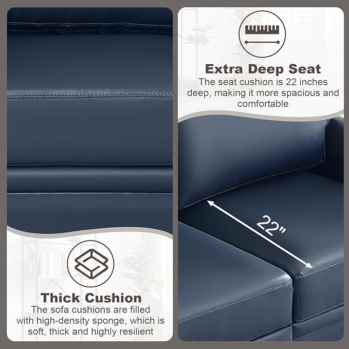Faux Leather Sofa82 W Mid Century Modern Couch with Storage PlaceOversized 3 Seater Sofa with Nailhead Trim&ampRolled ArmrestsDeep Seat Comfy Couch for Living RoomBedroomApartmentOffice(Navy)
