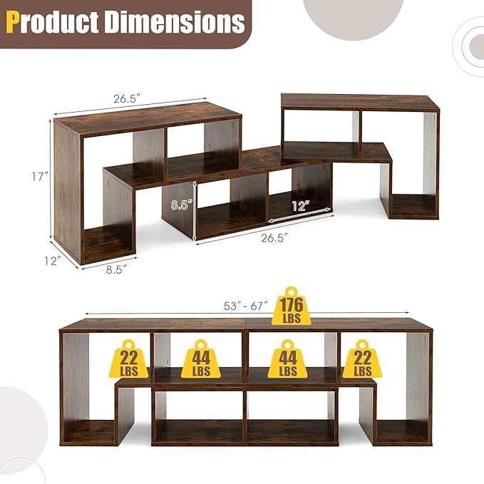 GOFLAME 3 Pieces TV Console Stand Modern Entertainment Center for 50 55 60 65 Inch Flat Screen TV Free Combination Bookcase for Storage &amp Display Suitable for Living Room Bedroom (Brown)