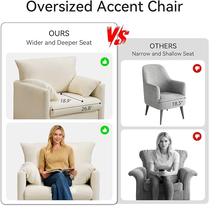 Chenille Oversized Armchair Set of 2 Wide Accent Chair for Living Room Bedroom Modern Upholstered Lounge Chair Mid-Century Reading Chair Comfy Single Sofa Chair Beige