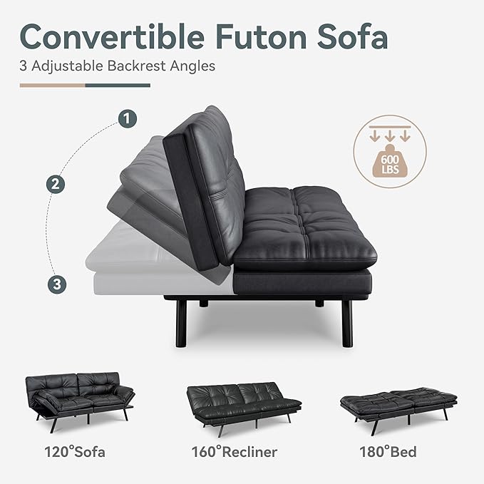 Vyfipt Convertible Futon Sofa Bed Black Faux Leather Futon Couch with Adjustable Backrest &amp Armrests Folding Small Recliner Sleeper Sofa Bed for Living Room Apartment Office