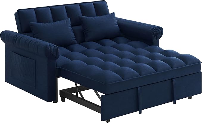 Modern Loveseat Sleeper Sofa with Pull-Out Bed &amp Adjustable Backrest Convertible Sofa Bed with Strong Wood Frame for Small Space Living Room Guest Room Easy Assembly (Blue85)