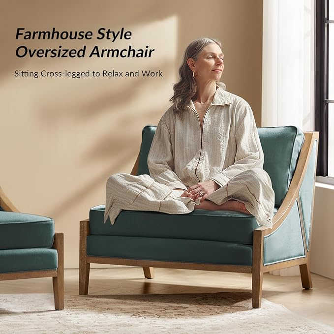 HULALA HOME Oversized Accent Chair with Solid Wood Frame Comfy Upholstered Armchair with Seat Cushion Movable Back for Living Room Bedroom Set of 2 Teal