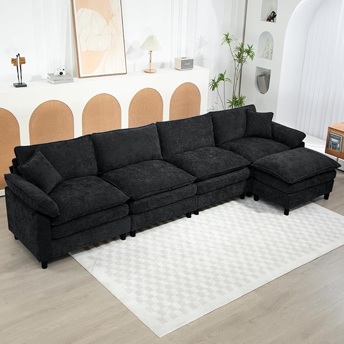 Chenille Modular Sectional Sofa 146.5'' Comfy Cloud Sofa Couch with Remove Ottoman Large L-Shaped Sofa for Living Room Extra Deep Seat Sofa with Pillows DIY Black