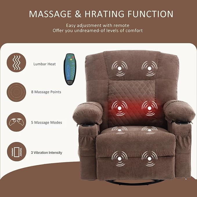 Oversized Rocker Recliner Chair with Massage and Heat Overstuffed Fabric Swivel Recliners Lounge Chairs for Adults Manual Home Theater Recliner with Cup HoldersUSB Charge PortBrown