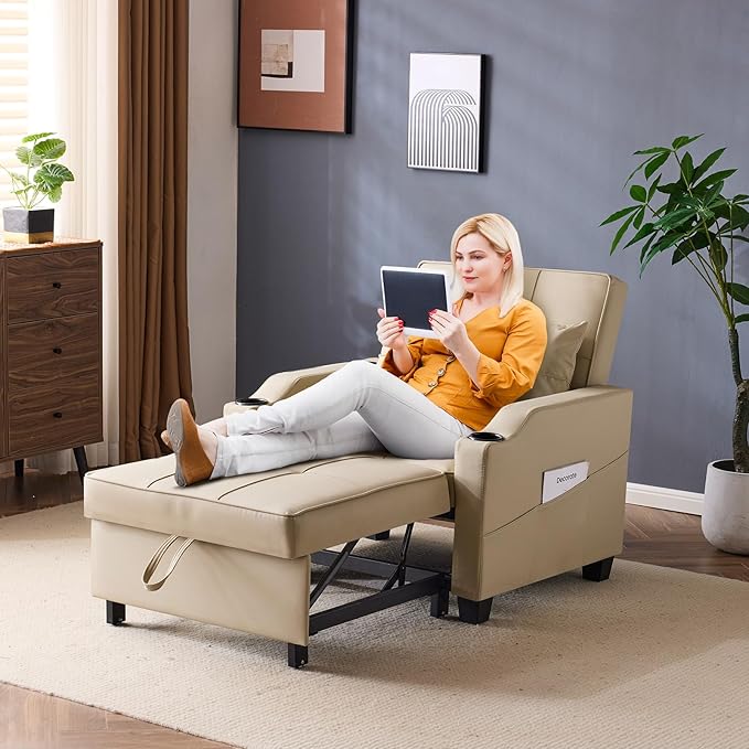 VINGLI Sofa Bed Chair Recliner 3-in-1 Convertible Sleeper Sofa Chair Bed Beige Daybed Pull Out Couch Bed with Adjustable Backrest USB Ports Cup Holders for Small Spaces Living Room