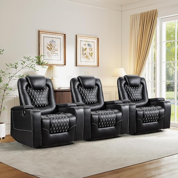 ANJ Power Recliner Chair Set of 3 Electric Soft Faux Leather Reclining Home Faux Theater Seating - USB Ports Cup Holders Hidden Arm Storage Movie &amp Media Room Chairs (Black)