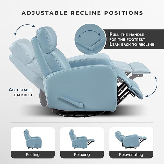 Lexicon Swivel Glider Reclining Chair Top Grain Leather Match Manual Pull Handle Recliner Comfy Nursery Glider Recliner Swivel Reclining Chair for Living Room/Office/Bedroom/Apartment Blue