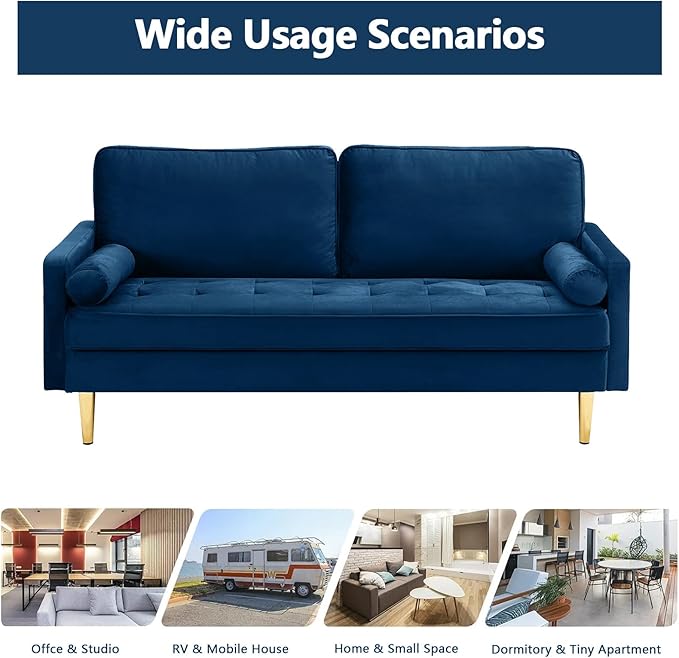 65 Love Seat Sofa Velvet Small Sofa Small Couch for Bedroom Living Room Bedroom Loveseat with 2 Pillows Gold Legs Modern Tufted Seat Upholstered Seating for Office Apartment (Blue)