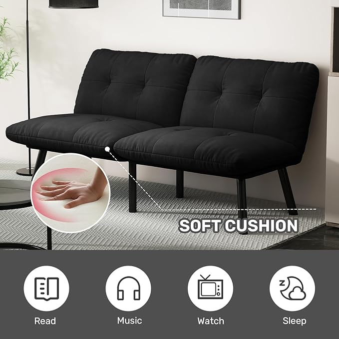 Futon Sofa Sleeper Couch Bed with Adjustable Backrest Thick Cushion Velvet Fabric for Department Living Room Lounge Sofa Loveseat (Black)