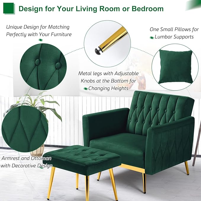 Velvet Accent Chair with Adjustable Armrests and Backrest Button Tufted Lounge Chair Single Recliner Armchair with Ottoman and Pillow for Living Room Bedroom Green