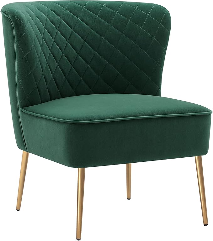 DUHOME Velvet Accent Chair Armless Slipper Chair Vanity Makeup Chair with Back Upholstered Sofa with Golden Legs Barrel Chair for Living Room Bedroom Dark Green