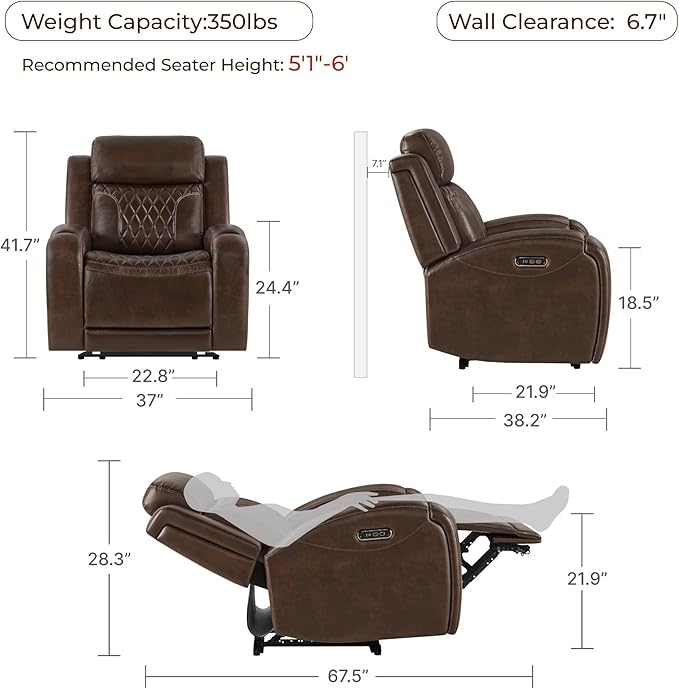 CHITA Genuine Leather Recliner Chair for Adults with Adjustable Power Headrest Lay Flat Power Recliner with Slide-Out Cupholders &amp USB/Type-C Ports Living Room Chair Brown