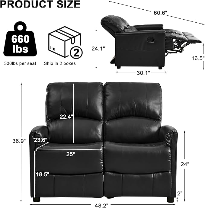 48 Manual Recliner Chair Set PU Leather Upholstered Reclining Sofa Chair with Cup Holders Side Pockets for Living Room Furniture Rest Reading Watching TV (Black Loveseat)