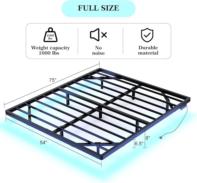 Floating Bed Frame Full Size with Smart LED Lights and Charging Station Heavy Duty Modern Metal Platform Bed No Box Spring Needed - Easy Assembly and Noise Free