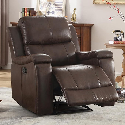 Brown Recliner Chair Single Overstuffed Sofa Recliners Breathable Faux Leather Manual Reclining Chairs with Hidden Cup Holder Arm and Back for Adults Living Room Bedroom Dark Brown