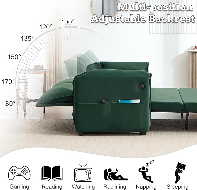 63 Velvet Pull Out Sofa Bed 3-in-1 Convertible Futon Loveseat Queen Sleeper Sofa Couch Bed with Adjustable Backrest USB Ports &amp Side Pockets Modern Sofas for Living Room Apartment Green