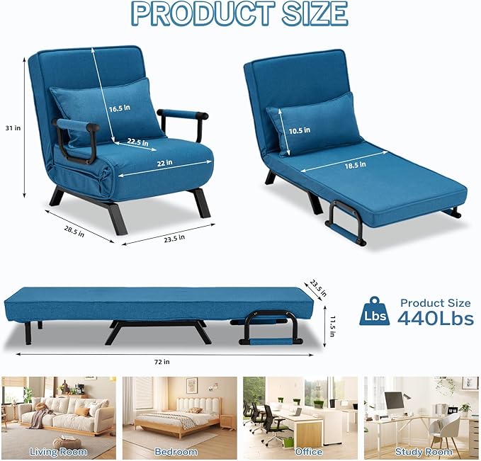 Folding Sofa Bed Sleeper Chair3-in-1 Single Convertible Sofa with Adjustable BackrestLazy Bed Leisure Recliner with PillowTri-fold Upholstered Armchair (Blue Standard)