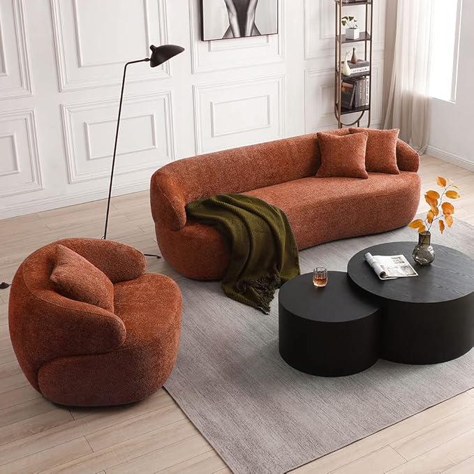 WILLIAMSPACE Swivel Accent Sofa Chair Round Back Boucle Barrel Chair with Pillow Modern Leisure Arm Chair for Hotel Living Room Bedroom Office (Orange)