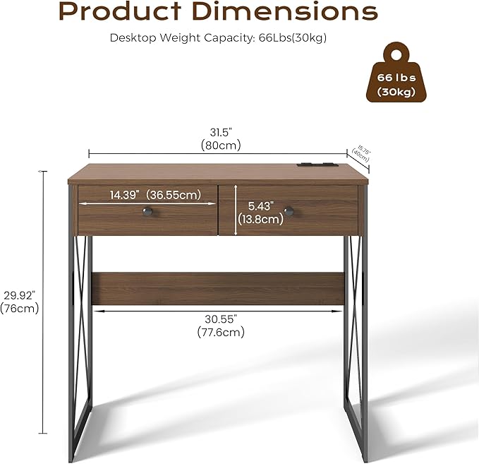 Manora Computer Desk with Power Outlet and USB Ports 31.5” Writing Desk with 2 Drawers Small Home Office Desk with Metal Frame for Bedroom Study or Dorm (Rustic Brown)