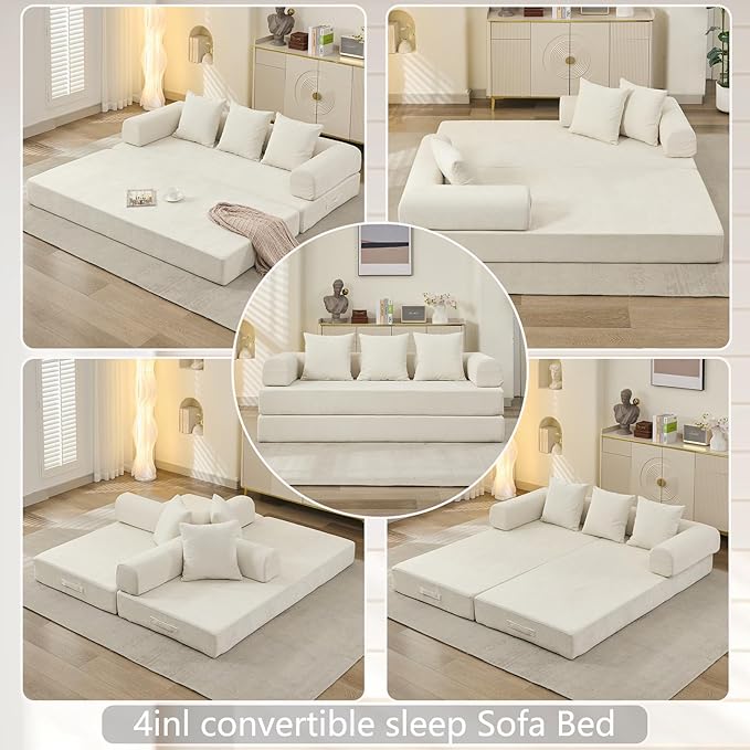 79 Inch 4-in-1 Convertible Sofa Bed Boneless Couches Chenille Folding Sleeper with Pull Out Bed Floor Futon Modular Lounge Loveseat Compressed Sofa No Assembly Required for Living Room (Beige)