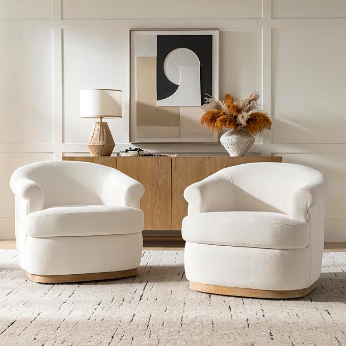 HULALA HOME Swivel Barrel Chair Set of 2 with Rolled Arms Upholstered Fabric Swivel Round Armchair with Removable Cushion Solid Wood Base for Living Room Bedroom Ivory