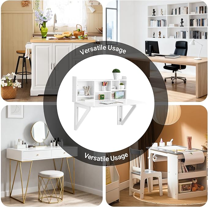 SoBuy Wall Mounted Folding Table Foldable Floating Desk for Small Spaces Fold Down Workstation Table with Adjustable Shelf for Home Office Bedroom or Kitchen White FWT07-II-W