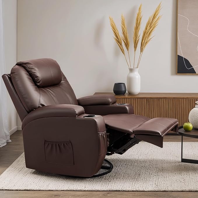 Recliner Chair 360° Swivel Rocker Chair for Adults Rocking Recliner Chair with Massage Comfy Single Sofa with Side Pockets Cup Holders for Living Room Bedroom Nursery (Leather Dark Brown)
