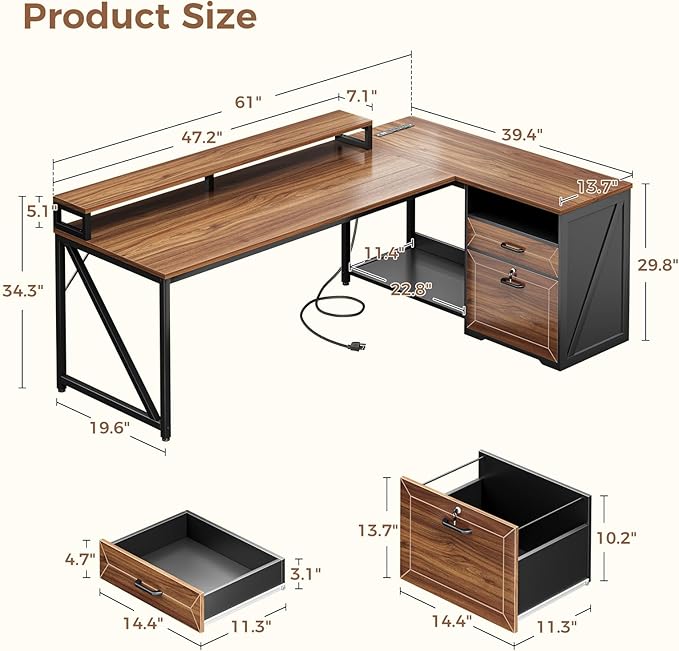 AODK L Shaped Desk with Wooden Drawers &amp Locking File Cabinet 61 Inch Large Executive Desk with Power Outlet Led Computer Desk with Storage Corner Office desk with Monitor Stand &amp CPU Stand