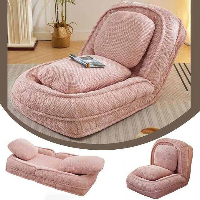 Foldable Lazy Sofa Bed Floor Chair Upholstered Human Dog Bed with 5 Adjustable Position Comfy Tatami Lounge Chair with 2 Pillows Lazy Sofa for Bedroom Living Room Reading (Pink1)