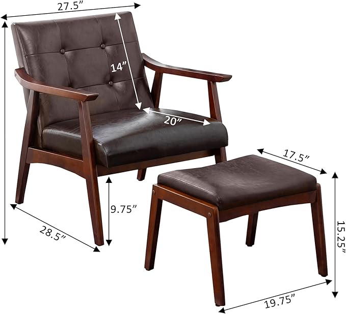 Convenience Concepts Take a Seat Natalie Accent Armchair and Ottoman Set 27.5 - Mid-Century Modern Lounge Chair with Foot Stool Set for Living Room Bedroom Espresso Faux Leather