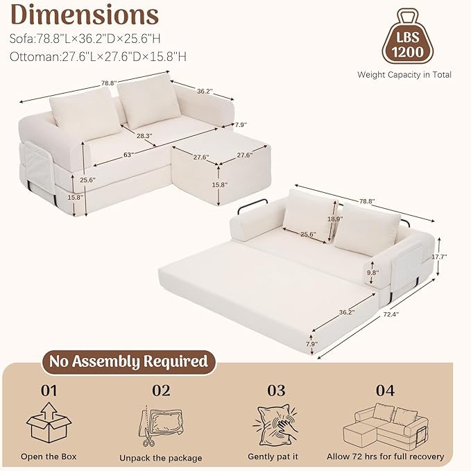Redlife 78 Folding Sofa Bed with Ottoman Modular Loveseat Sleeper Couch Convertible Floor Sofa Corduroy Fabric Wide Armrests 28.3 Deep Seat Removable Covers &amp Side Pocket No Assembly Bei