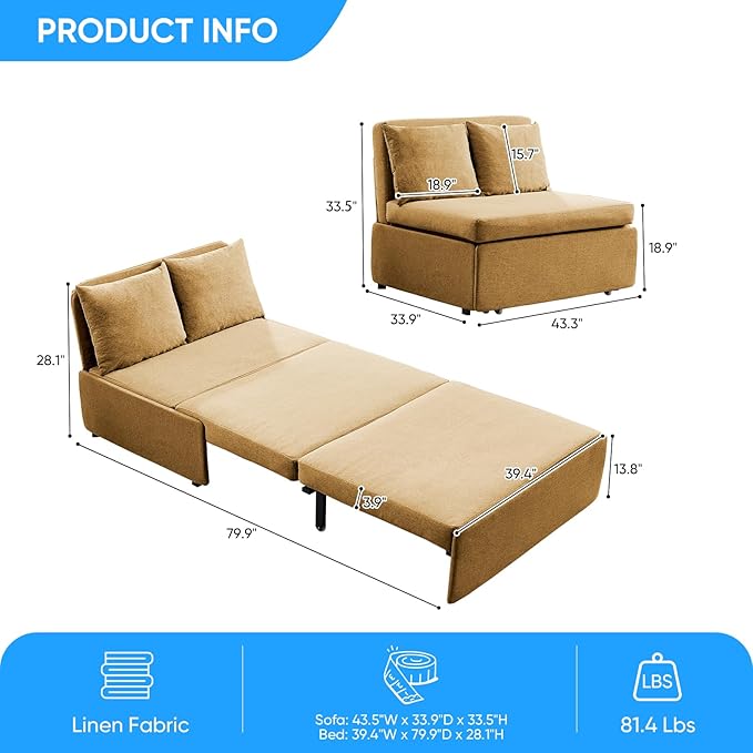 Mjkone 43 W Twin Size Pull Out Sleeper Sofa Bed Chair with Pullout Couch Beds 2 in 1 Convertible Single Sofas Sleeper Chair with Pillows for Living Room Small Place Apartment Office Yellow