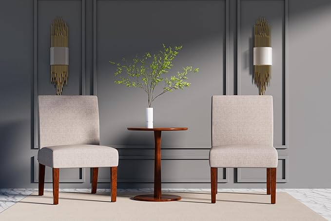 Set of 2 Accent Chairs with Matching Table Linen Upholstered Solid Wood Side Chairs for Living Room Bedroom Waiting Room Guest Lobby Beige
