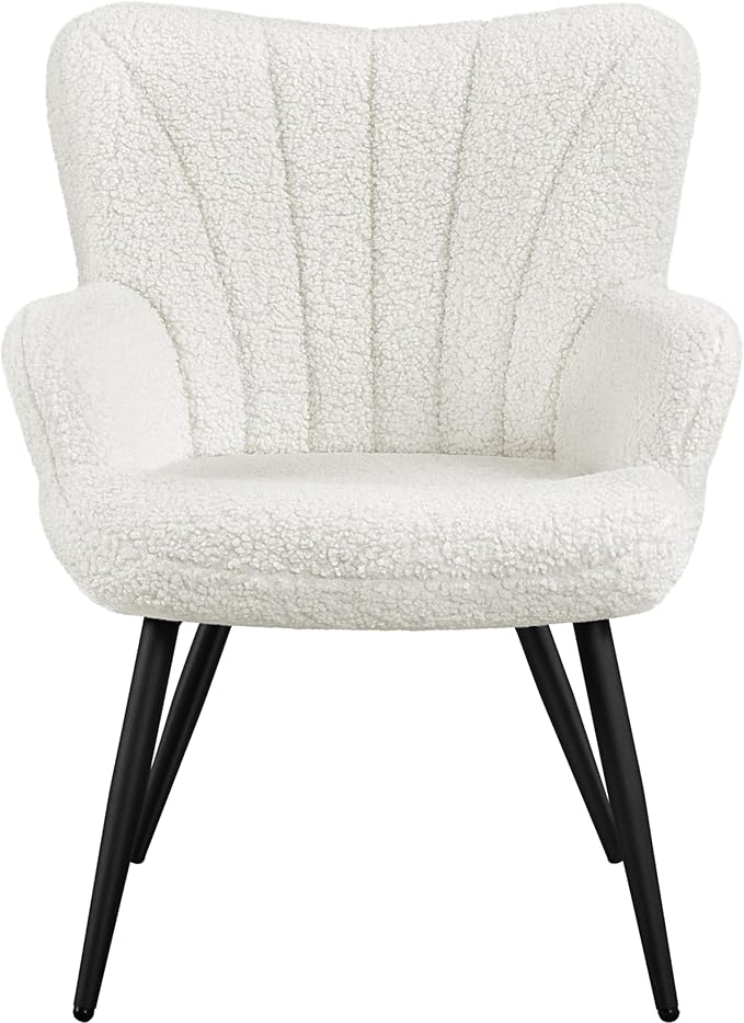 Topeakmart Modern Accent Chair Fluffy Sherpa Barrel Chair Boucle Armchair with Soft High Backrest and Metal Legs for Living Room Bedroom Office Ivory