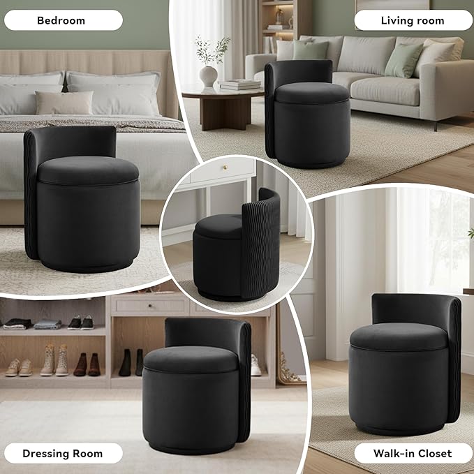 360° Swivel Velvet Vanity Chair with Storage Barrel Makeup Chair with Wave Back No Assembly Vanity Stool Small Accent Chair for Living Room Black