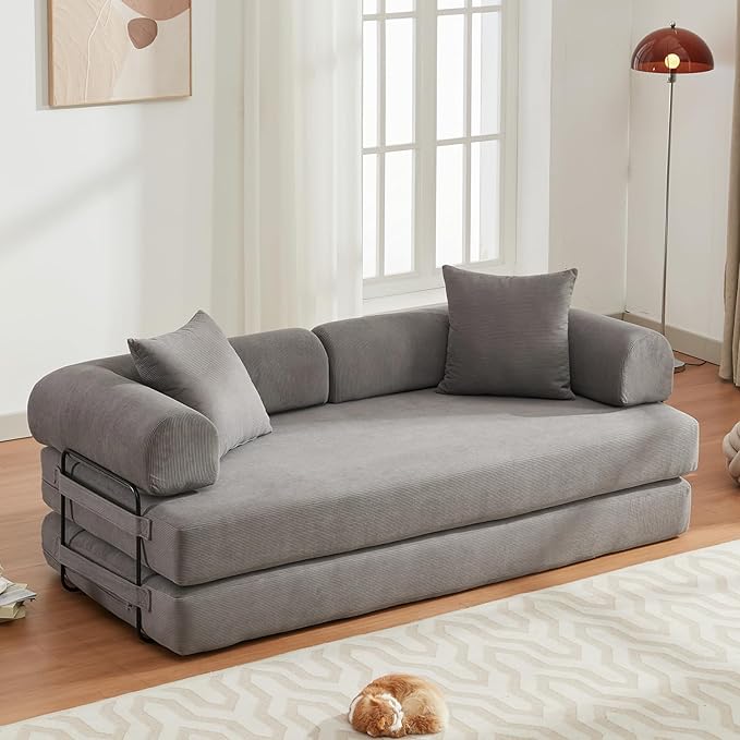 Convertible Folding Sofa Bed Modular Floor Sofa with Removable Backrest 3-Seater Fold Out Couch Bed with Pillows King Size Futon Lazy Couch Corduroy Sleeper for Living Room Dorm Grey