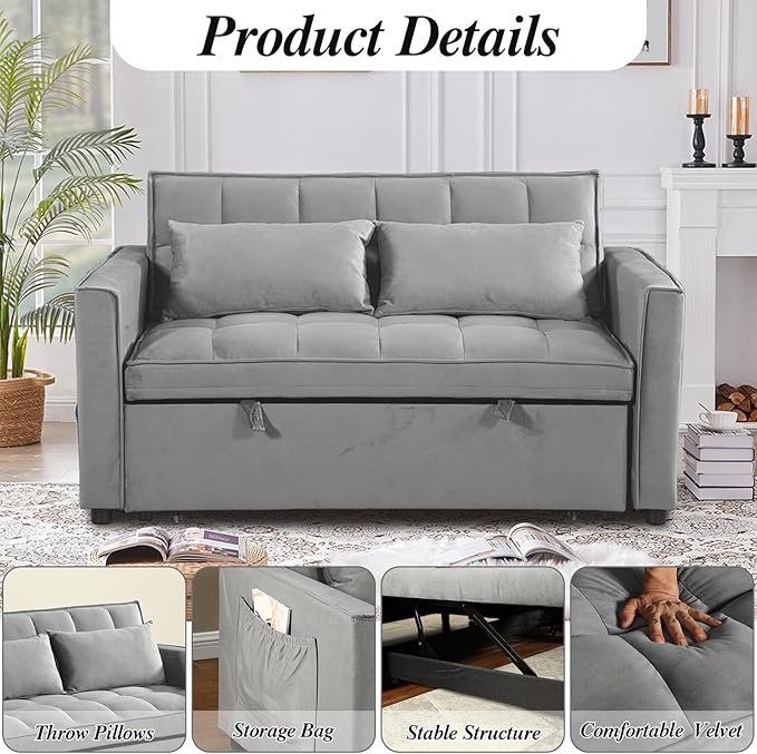 Sleeper Sofa Velvet Pull Out Sofa Bed Convertible Sofas Adjustable Backrest Pullout Loveseat Sofa Couch Side Pocket for Living RoomOfficeSmall SpaceGrey