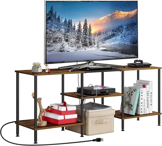 OYEAL Small TV Stand for Bedroom up to 50 inch Farmhouse TV Media Entertainment Center with Power Outlets &amp Storage Shelf Rustic TV Console Table for Living Room Rustic Brown