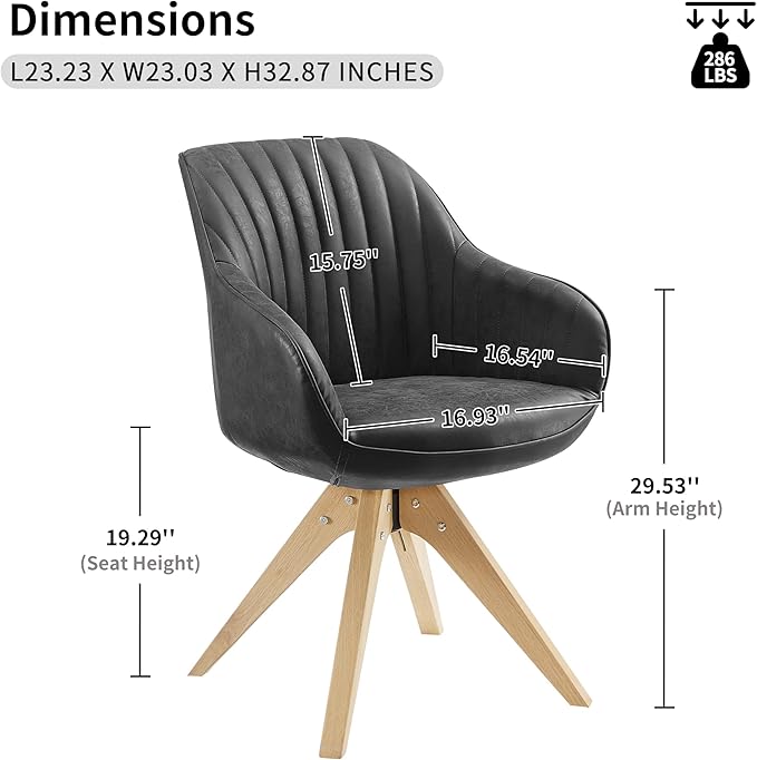 Art Leon Dining Chair Mid Century Modern Faux Leather Upholstered Swivel Dining Room Chair with Oak Wood Legs Leisure Side Chair with Arms for Living Room Black