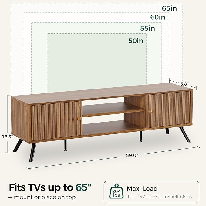 COMHOMA TV Stand for Living Room Mid Century Modern Entertainment Center for 55/60/65 Inch TVs Retro Brown TV Console with Fluted Door Cabinets and Open Adjustable Shelve Storage for Bedroom (59In)