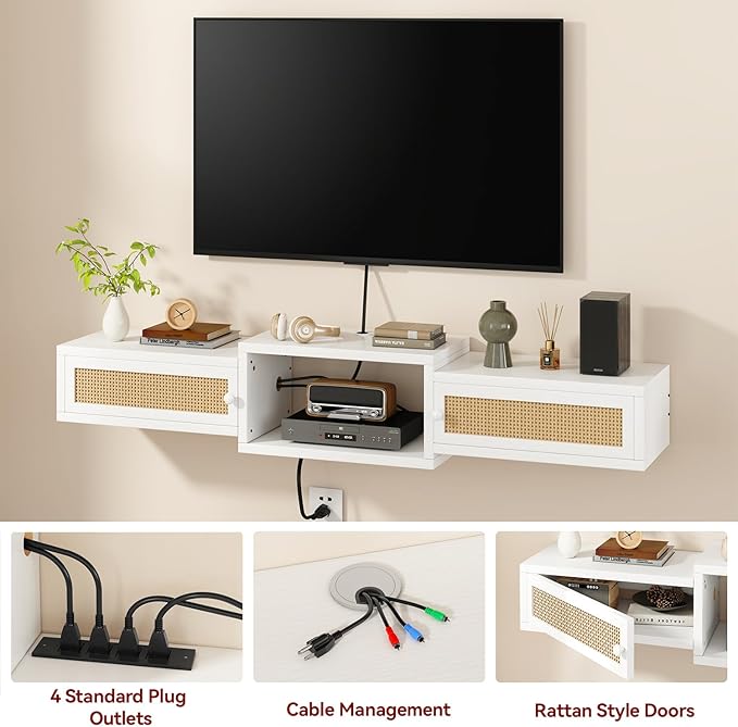 IBUYKE Modern Rattan Floating TV Stand with DoorsWall Mounted TV Shelf for TVs up to 55 InchesMedia Console Entertainment Center for Under TV Storage Cabinet for Living Room BedroomWhite UWST012W