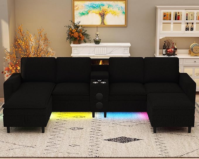 Sectional Couches for Living Room 6 Seat Sectional Sofa with Bluetooth Speaker/RGB Light/Charging Station Teddy Fleece U Shaped Couch with Storage Ottoman and Reversible Chaise Lounge - Black