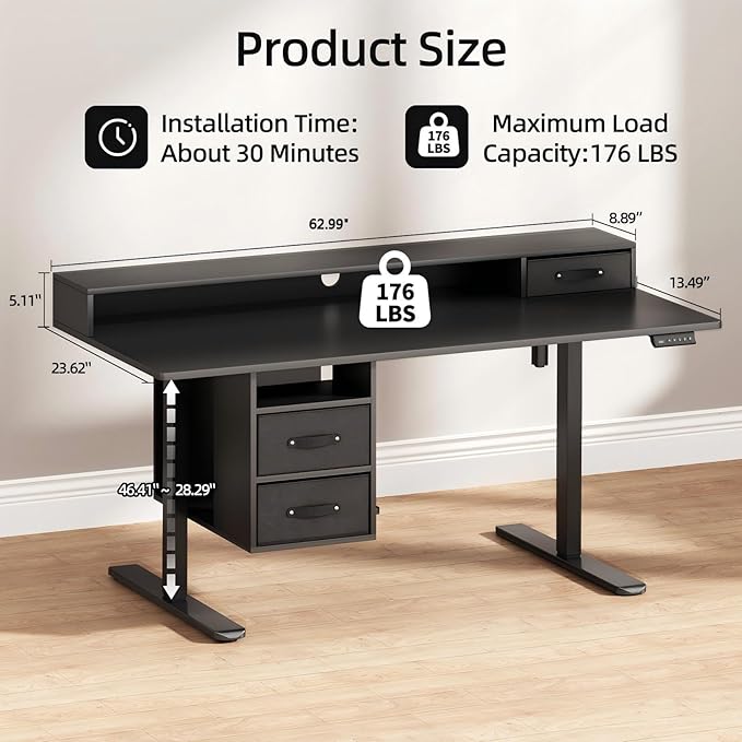 63x24 Inches Standing Desk with Drawers Electric Computer Desk with Open Storage Shelf Stand Up Desk Adjustable Height 28-46 Inches for Home and Computer Workstation Black