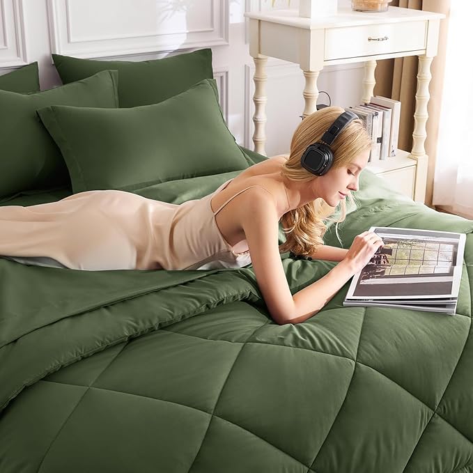 CozyLux Queen Comforter Set Olive Green - Bed in a Bag Queen Size 7 Pieces Luxury Soft Bed Set for All Seasons Bedding Set with Down Alternative Comforter Sheets Pillowcases &amp Shams