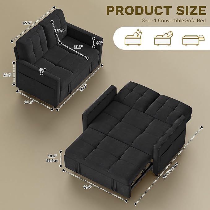 DWVO 3 in 1 Convertible Sleeper Sofa Bed 55 Pull Out Sofa Bed with Adjustable Backrest and USB Velvet Futon Couch with Side Pockets for Living Room Black