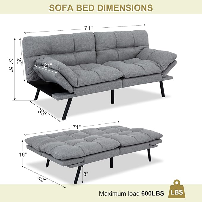 MUUEGM Convertible Futon Sofa Bed Memory Foam Futons Couch Bed 71 Adjustable Backrests and Armrests Sleeper Sofa Modern Love Seat Couch Bed for Living Room Small Space Office Light Grey