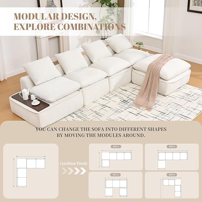 119 Oversized Cloud Modular Chenille Sectional Sofa with 2 Coffee Table Trays 4 Seat Couch Sectional Large Sectional Couches for Living Room White