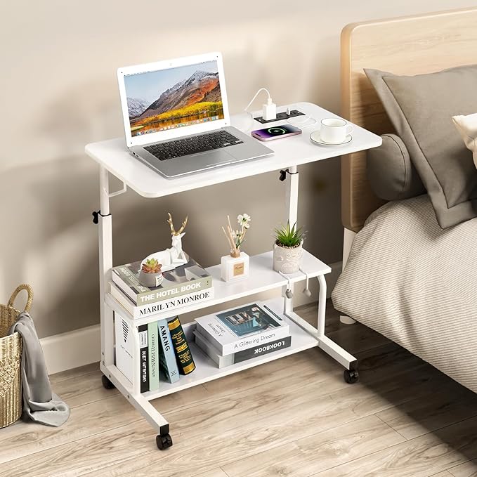 Wooden Adjustable Height Portable Laptop DeskMobile Rolling Computer DeskSofa Bedside Laptop TableHome Office Laptop Workstationwith Power Outletsfor Small Spaces Bedroom Apartment (White)